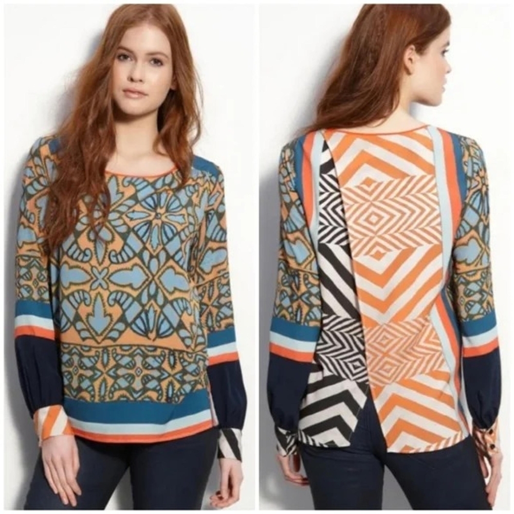 Clover Canyon NWT Mixed Print Geo Boho Blouse Top L Statement Print Long Sleeve